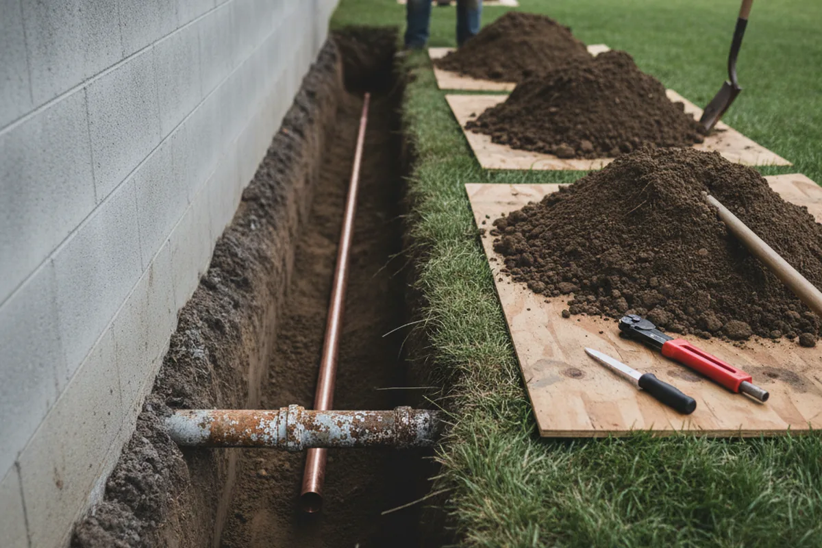 Excavated water line trench during Water Softener Installation in Fox Island